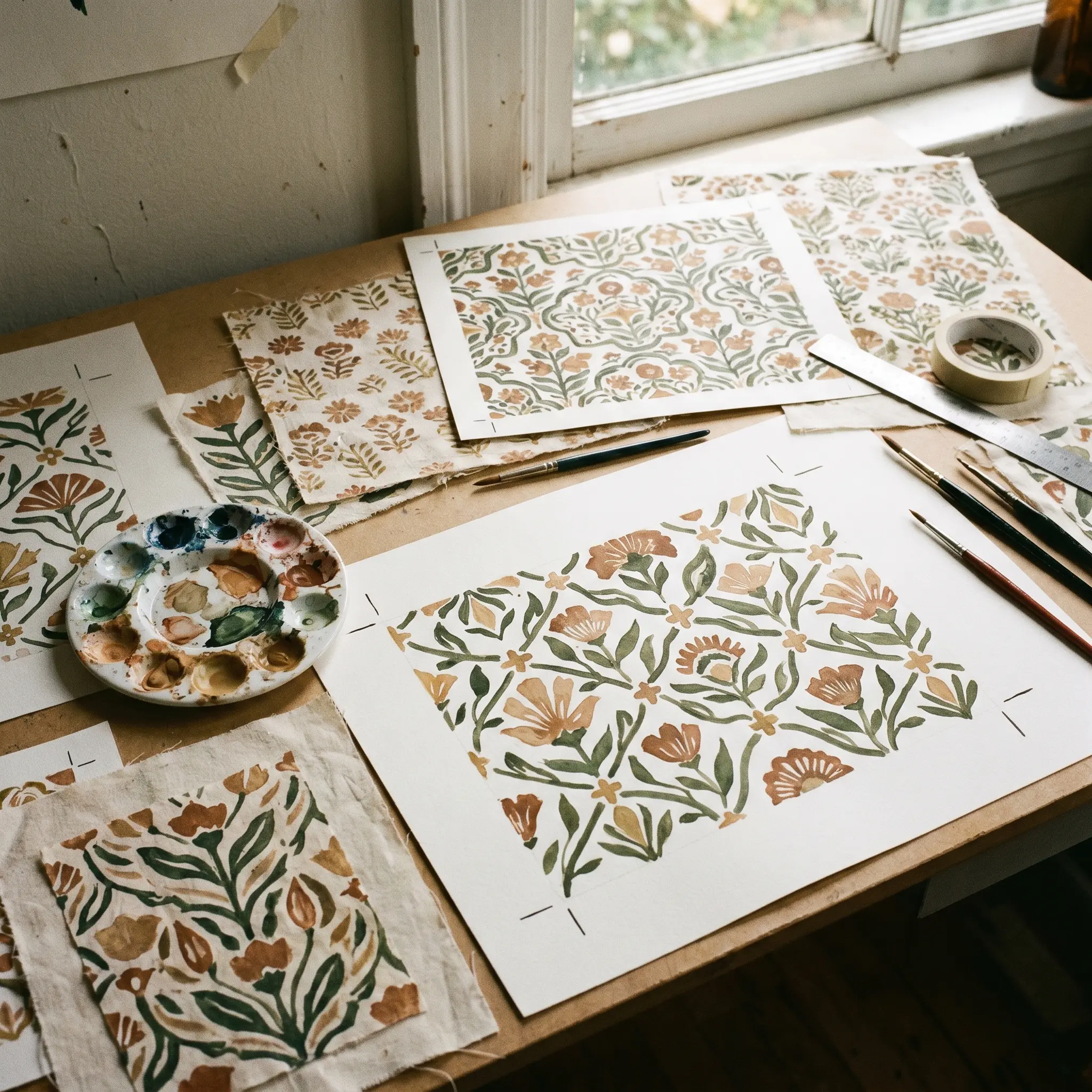 Pattern modules, fabric scraps, and painted repeat studies on a studio table