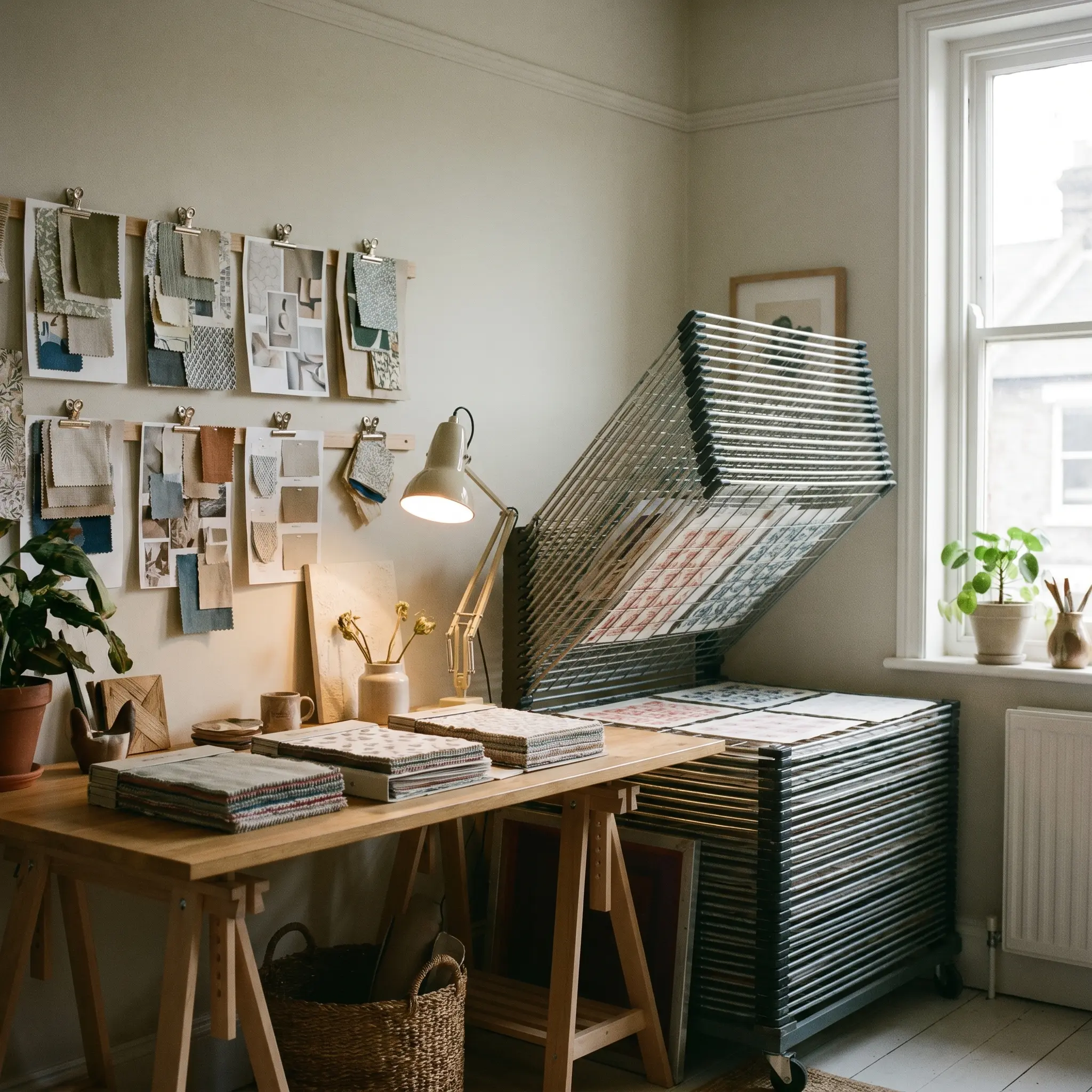 Quiet pattern studio corner with sample folders and screen print rack