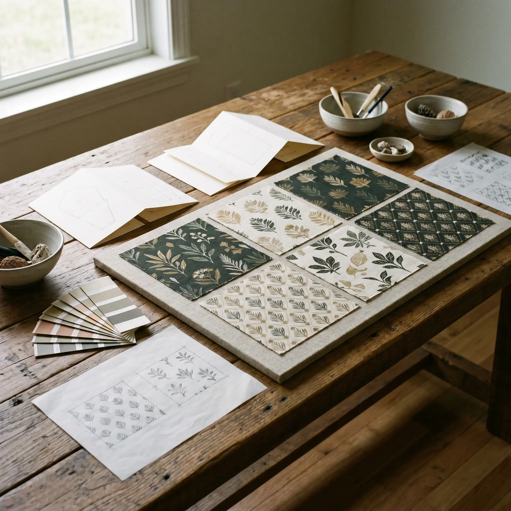 Surface pattern sample board with color chips and repeat grids